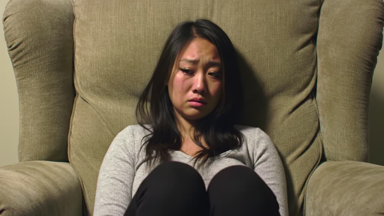 An individual sits alone in a cozy chair, expressing deep emotions. The environment is calm, evoking a sense of introspection and vulnerability during a challenging time.