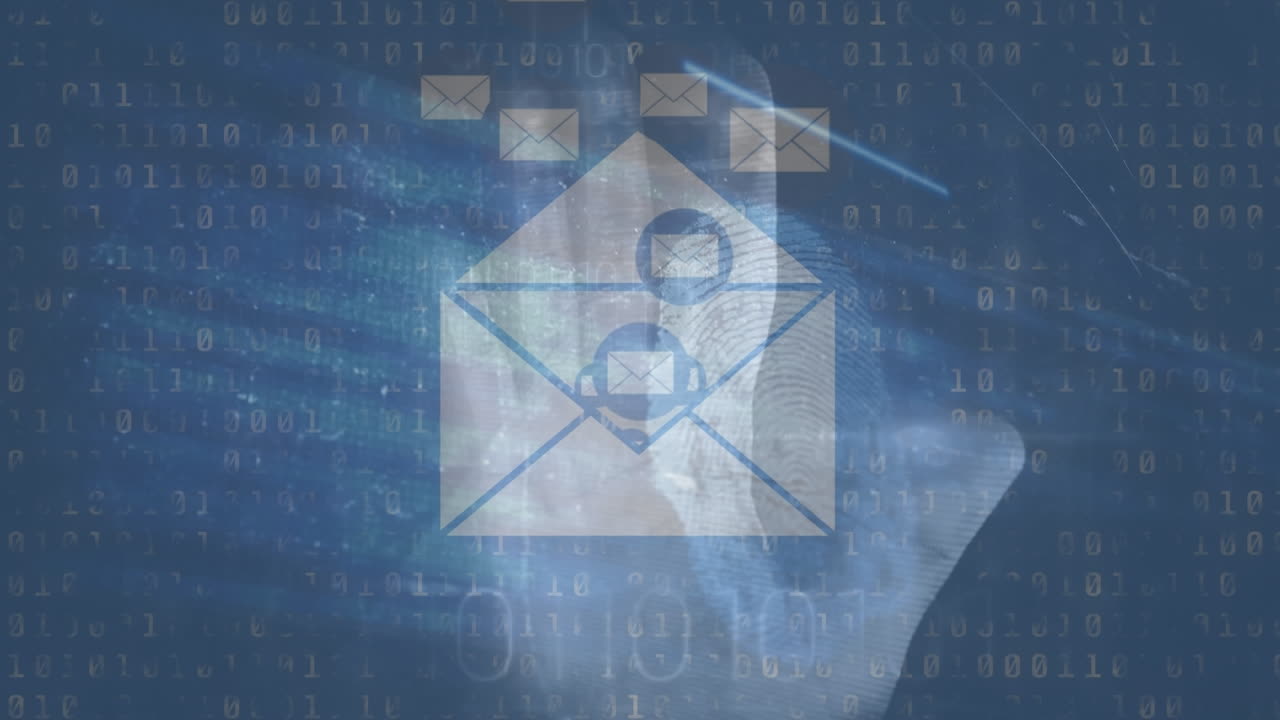 Animation of security warning text over envelope icon, hand and data processing