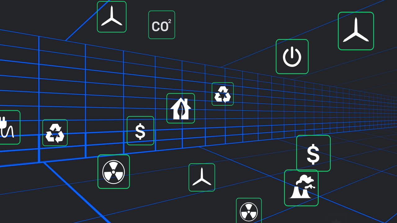 анимация энергетических и экологических икон на фоне сетки