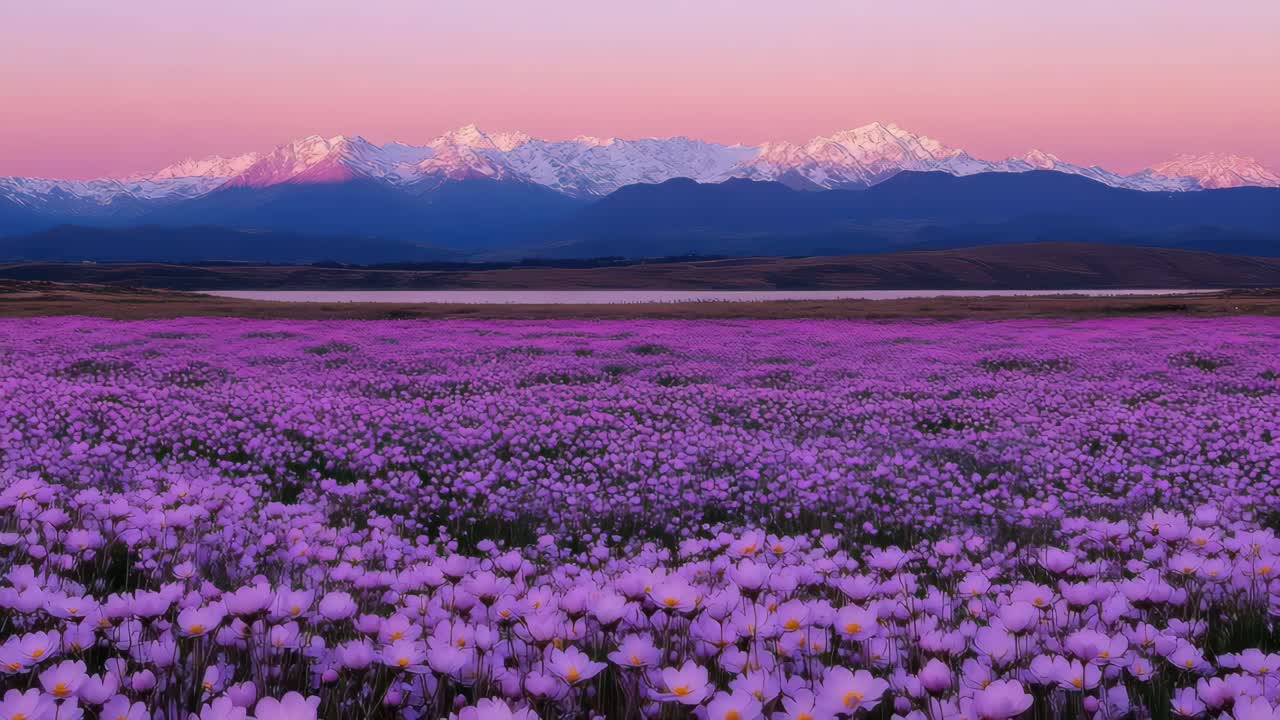 A wide-angle video captures a vast field of purple flowers at sunset, with snow-capped mountains