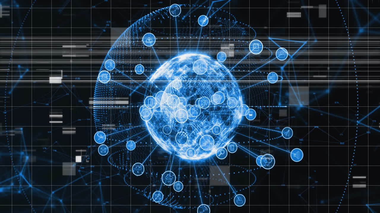 Glowing blue network connections and data processing animation over dark grid background