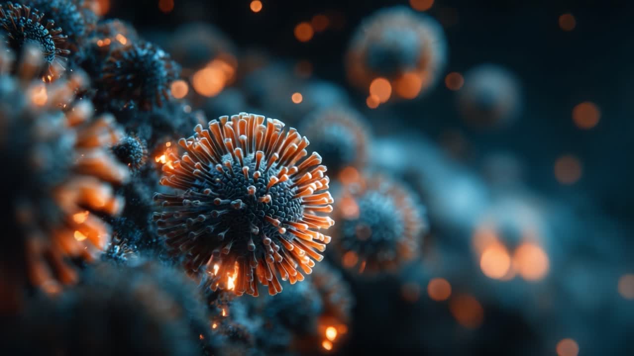 Magnifico microcosmo di strutture virali: uno sguardo dettagliato al design intricato e al comportamento dei patogeni in un ambiente vivido e ipotetico.