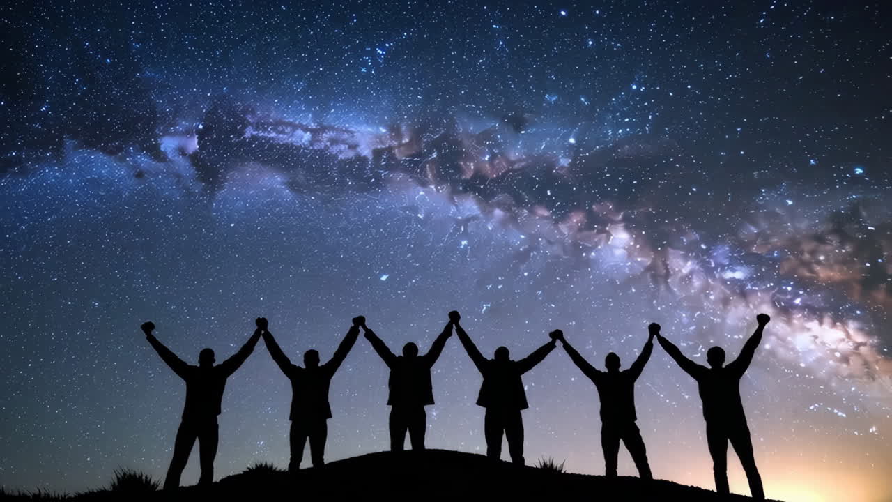Silhouettes of people holding hands under the Milky Way galaxy
