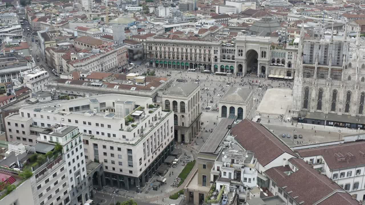 Main square and Cathedral of Milan city, aerial drone view