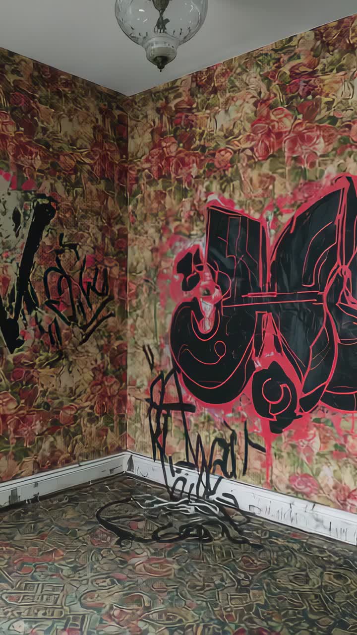 Video verticale: telecamera panoramica che riprende un murale su una parete floreale, mostrando gocce di vernice, tag e cavi