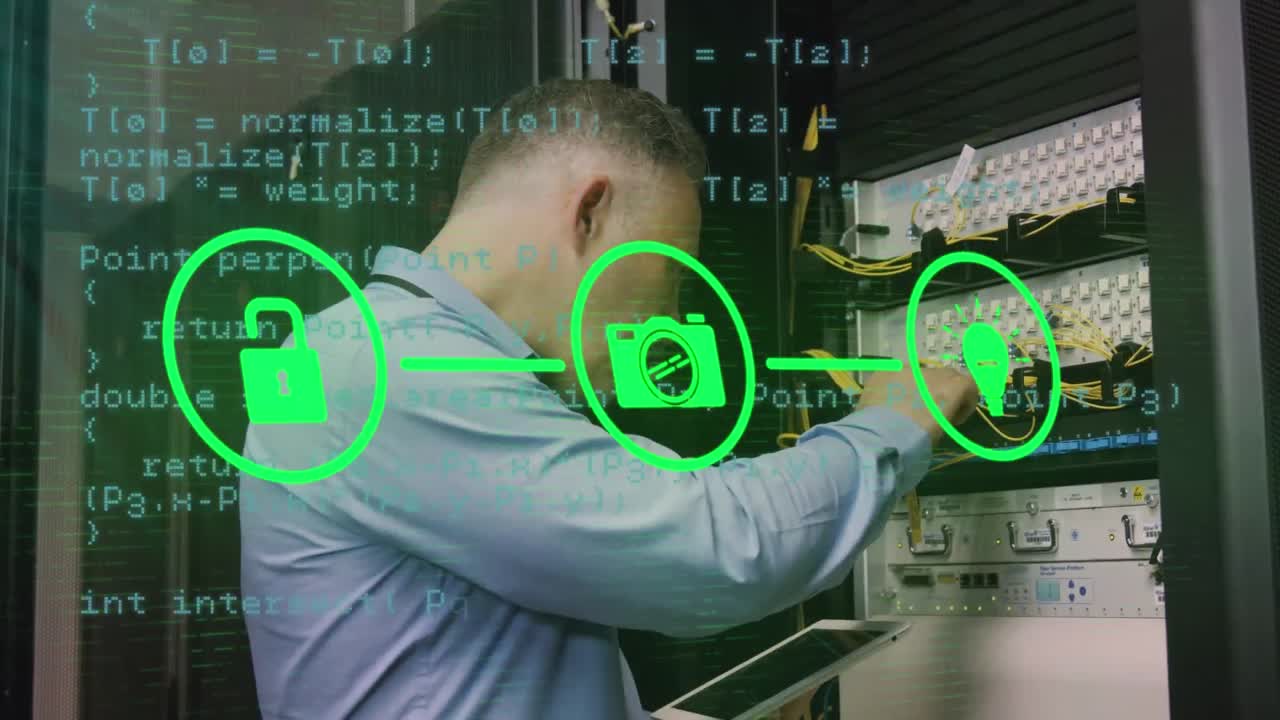 Network of digital icons against technician in the server room