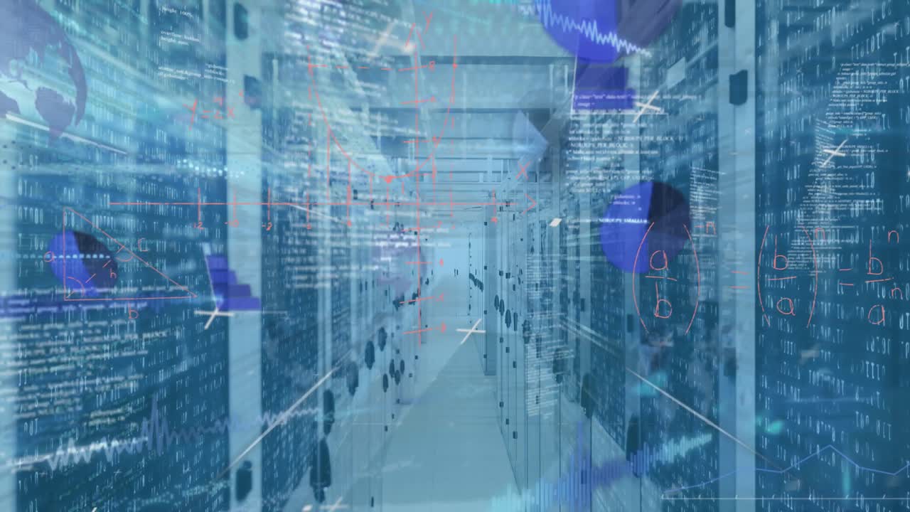Animation of mathematical equations and data processing over server room