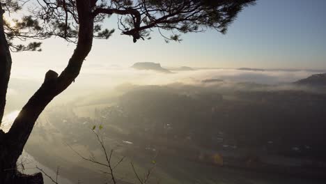 saxon switzerland morning view down to foggy valley and elbe river