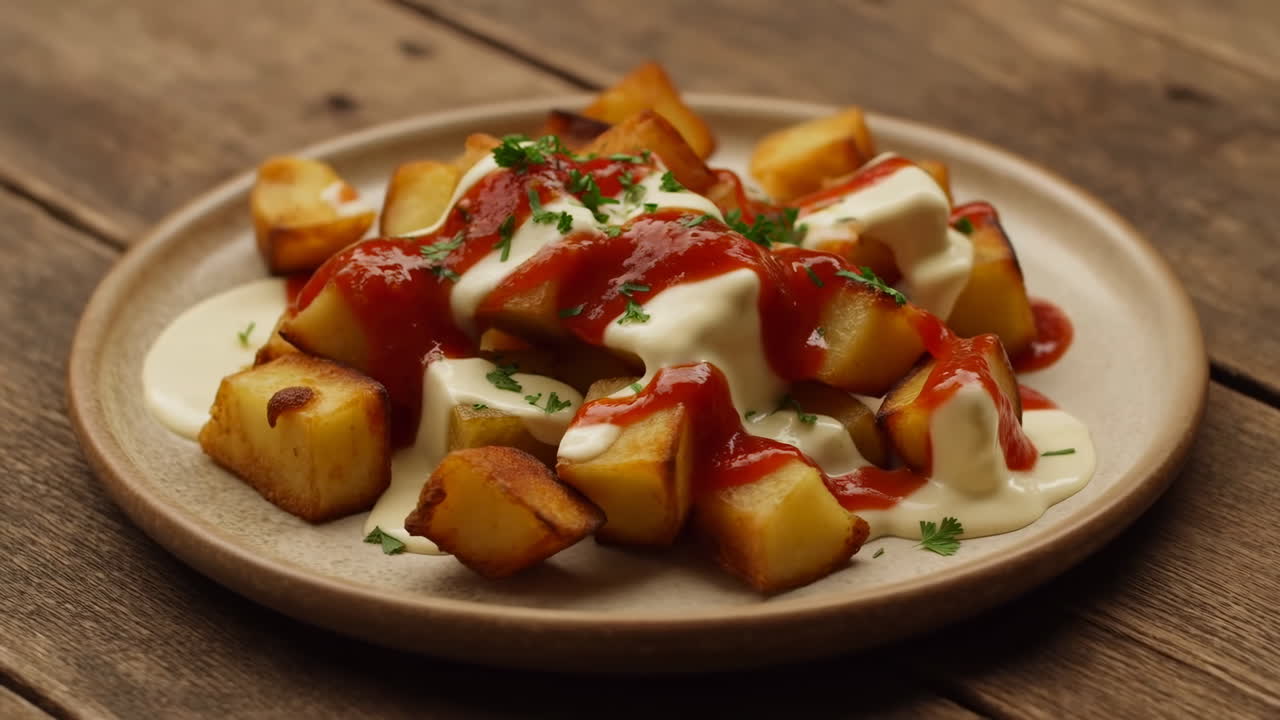 Patatas Bravas con salse rosse e bianche su un tavolo di legno.