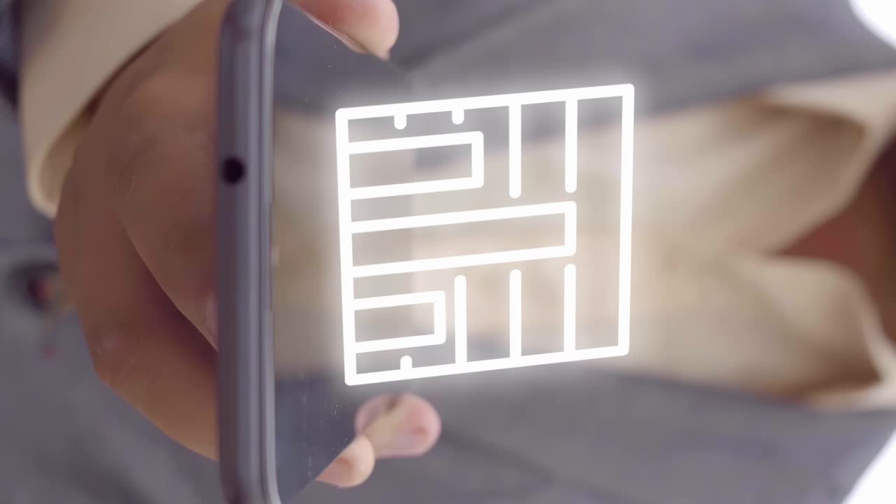 그래픽 숫자 테이블 애니메이션이 슈트 입은 사람이 들고 있는 휴대폰에 나타납니다.