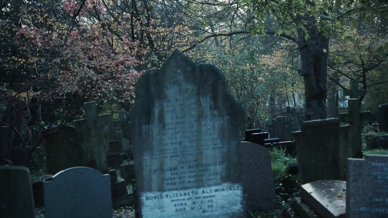 Tombe in un cimitero nella foresta autunnale.
