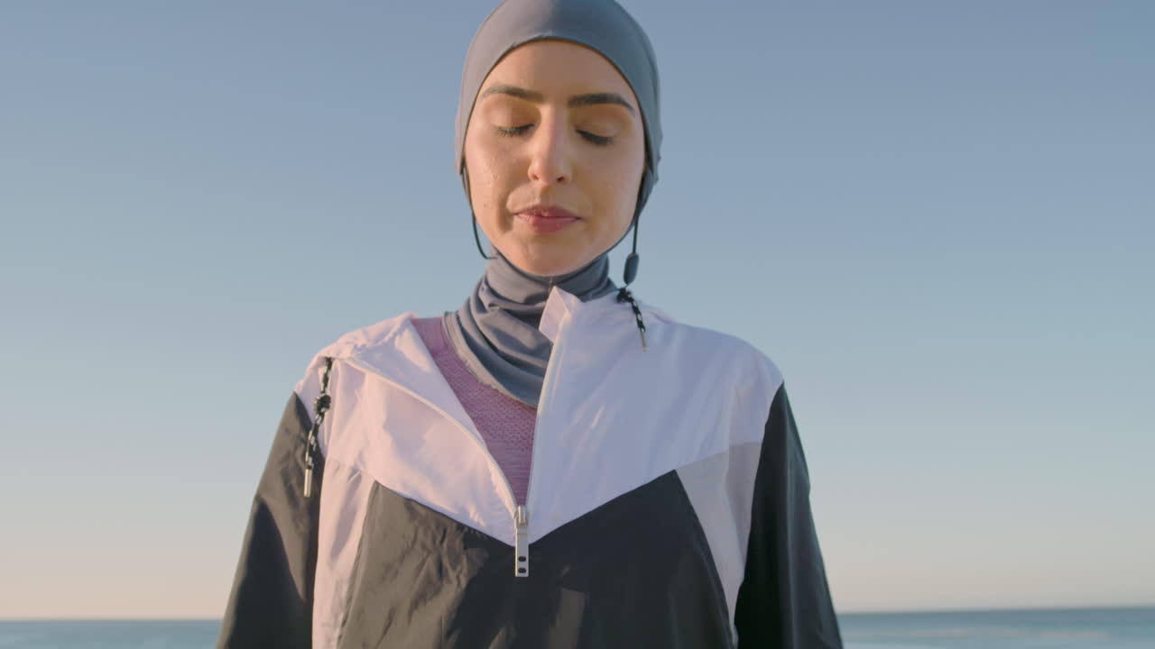 Fitness, running and face of muslim woman