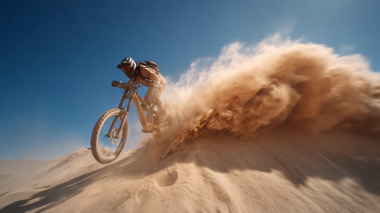 Cyclist descending sand dune in riding gear