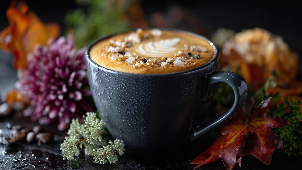 A Cozy Cup of Rich Autumn Spice Beverage Surrounded by Colorful Fall Foliage and Delicate Flowers, Perfect for Enjoying the Season's Warmth and Flavors