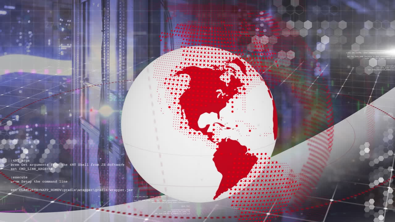 animación del globo giratorio sobre la sala del servidor.