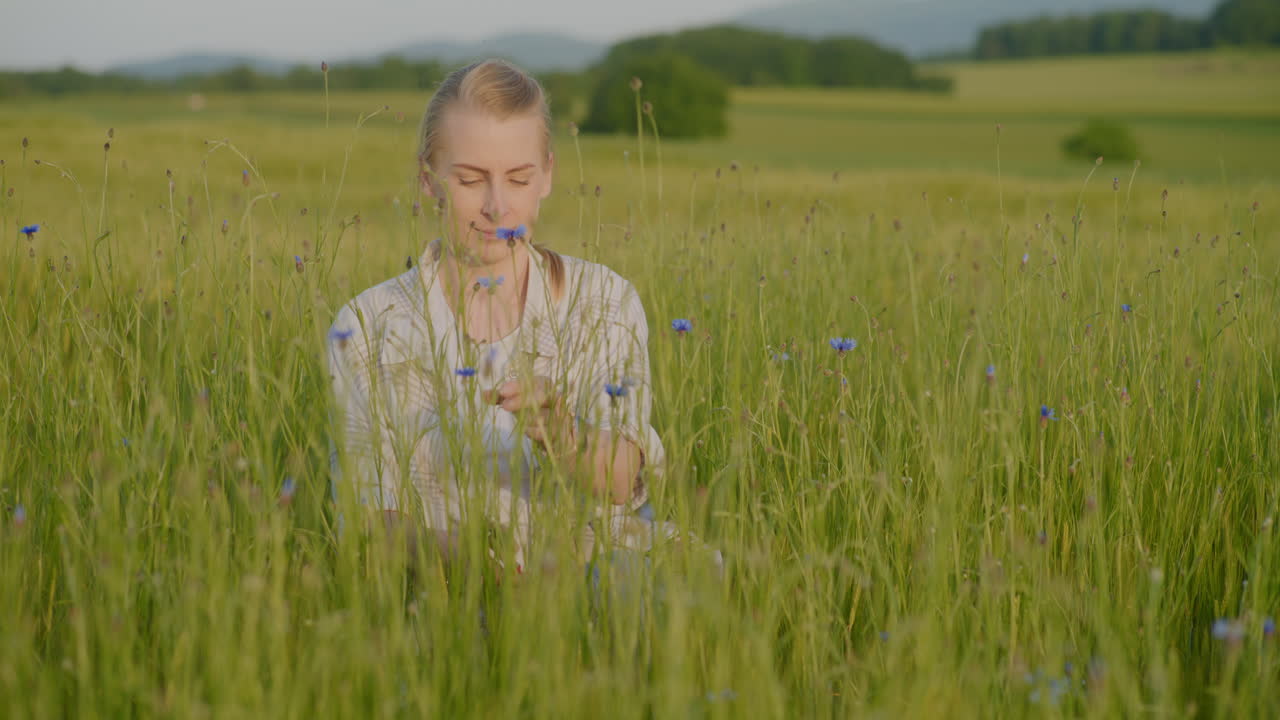 Smiling Happy Woman Trimming Blue Cornflowers in Meadow