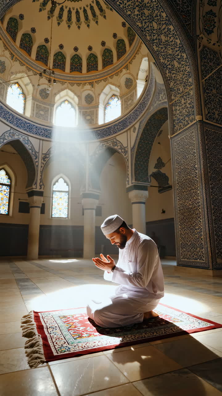 Un uomo che prega in una moschea