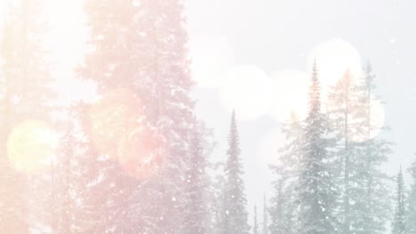 Digital-animation-of-spots-of-light-against-snow-falling-over-trees-on-winter-landscape