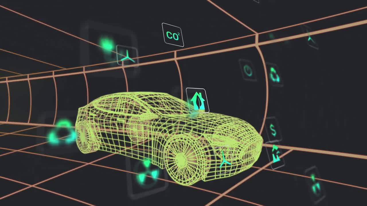 анимация нескольких цифровых иконок над 3d-моделью автомобиля, движущейся в бесшовном рисунке в туннеле