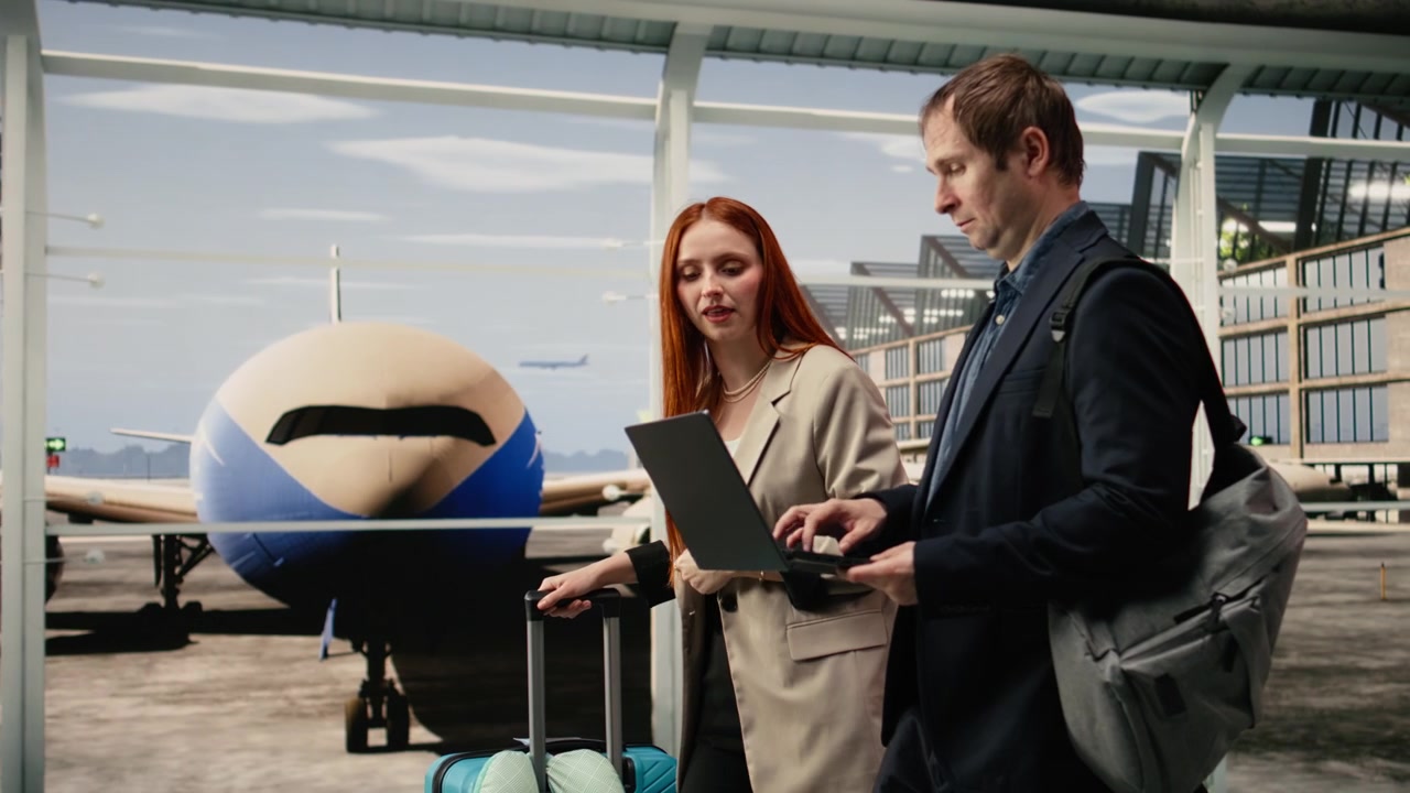 Empresarios en la terminal del aeropuerto usando un portátil para enviar correos electrónicos