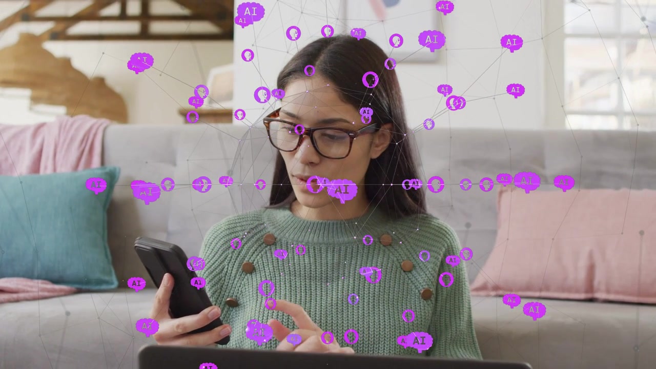 Woman at home, glancing tapping smartphone, purple AI nodes highlighting laptop for tech tasks
