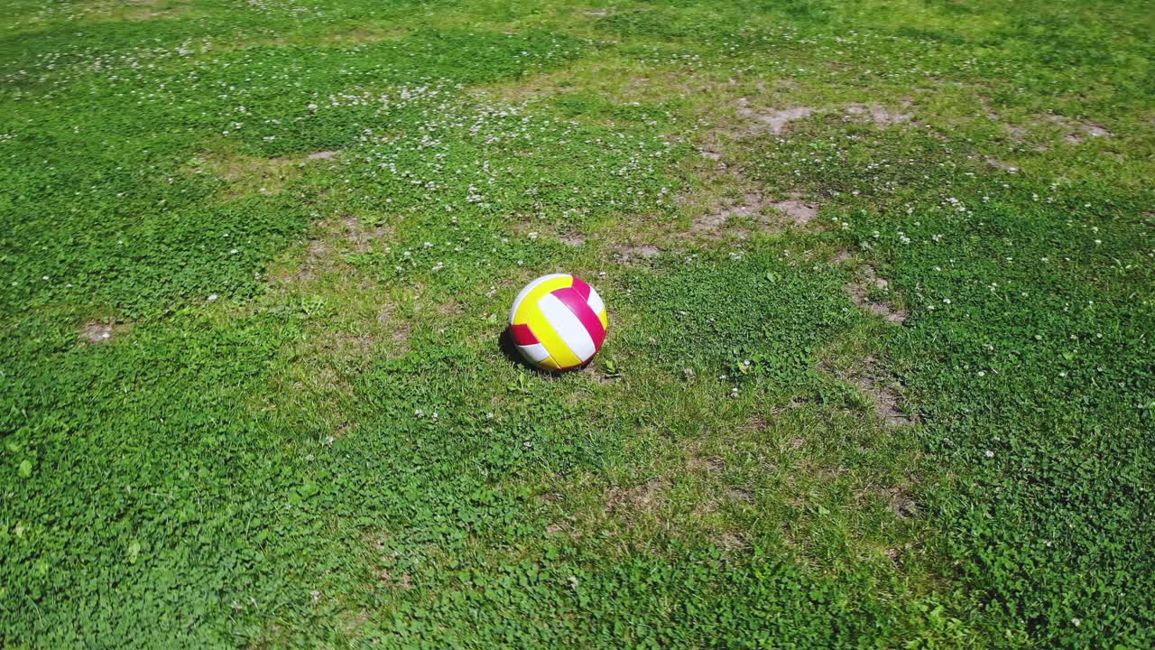 Point of interests about a volley ball on the grass. Sunny day