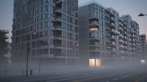 foggy morning city street view