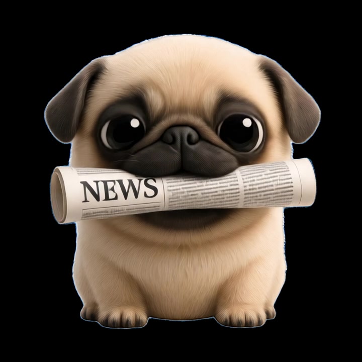 Simpatico carlino animato che tiene un giornale con notizie e ammicca