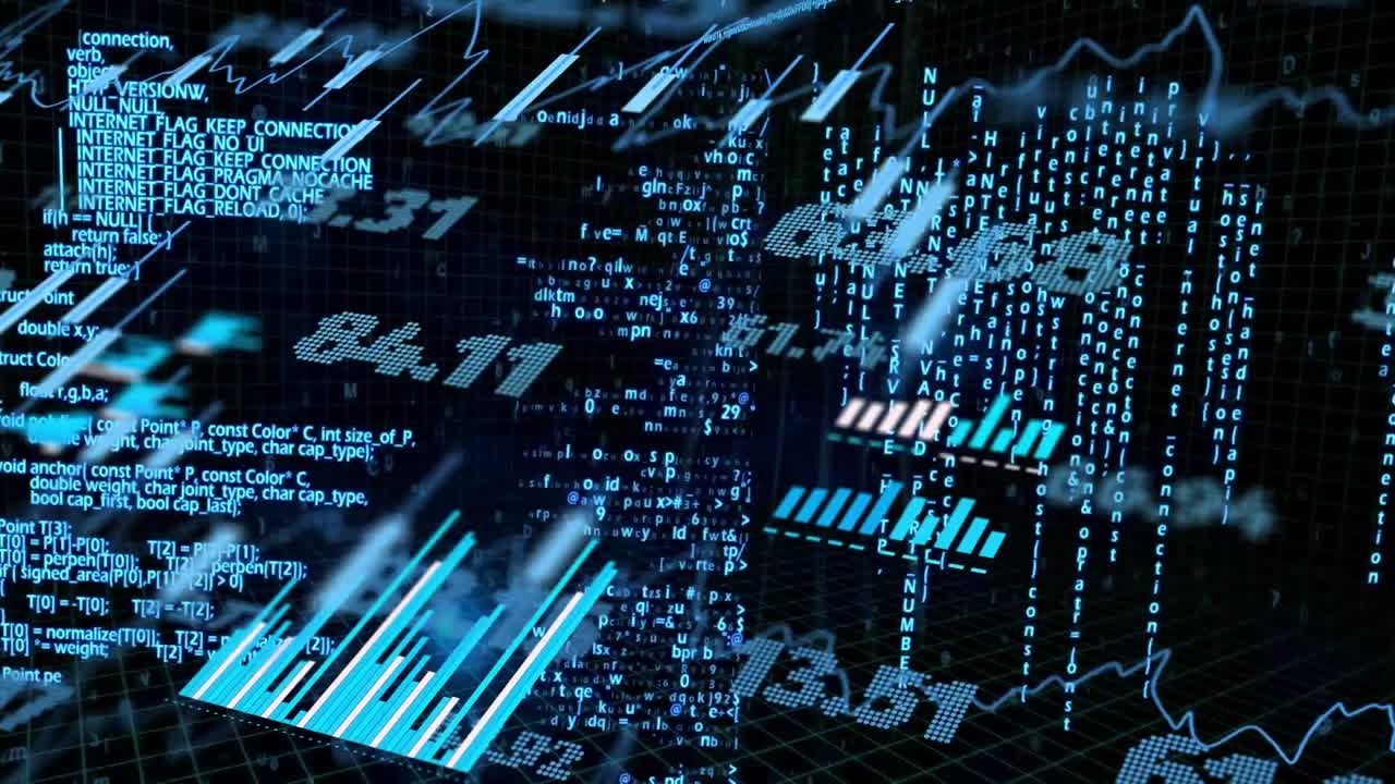 Animation of financial data processing over black background