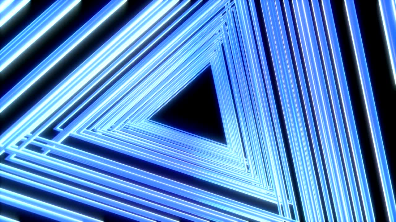 Triangoli laser al neon luminosi su sfondo nero. Sfondo geometrico astratto fluorescente colorato. Render 3D futuristico in loop. Animazione di moda moderna per design, trasmissioni, spettacoli, club