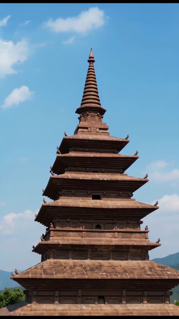 Alta pagoda de piedra con tejados apilados y una aguja puntiaguda centrada en un cielo diurno despejado, mostrando detalles arquitectónicos decorativos, bordes ornamentados y un.