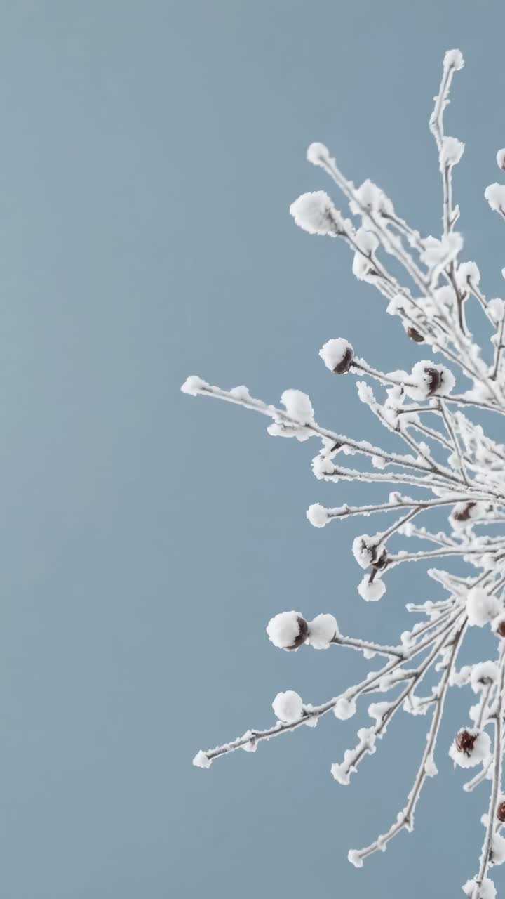 Minimalist winter scene with snow-covered branches, shot from a low angle, perfect for video