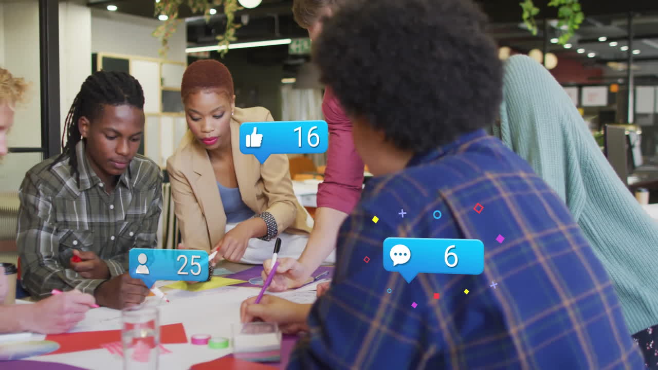 marketing team sketching ideas in coworking space, with social media icons floating overhead