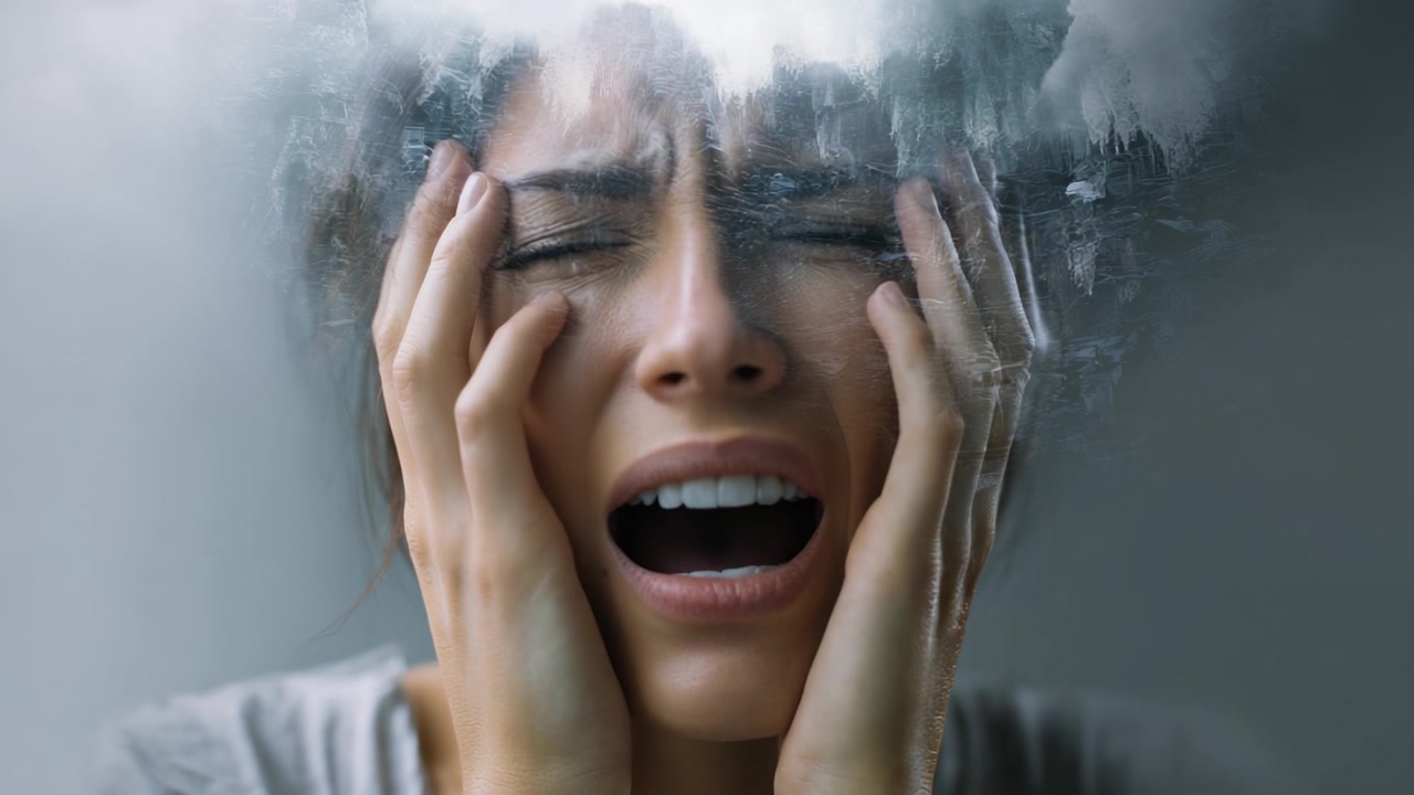 A Tormented Soul Expressing Overwhelming Emotions, Capturing the Struggles of Inner Turmoil and the Weight of Unbearable Pain in a Hauntingly Beautiful Scene