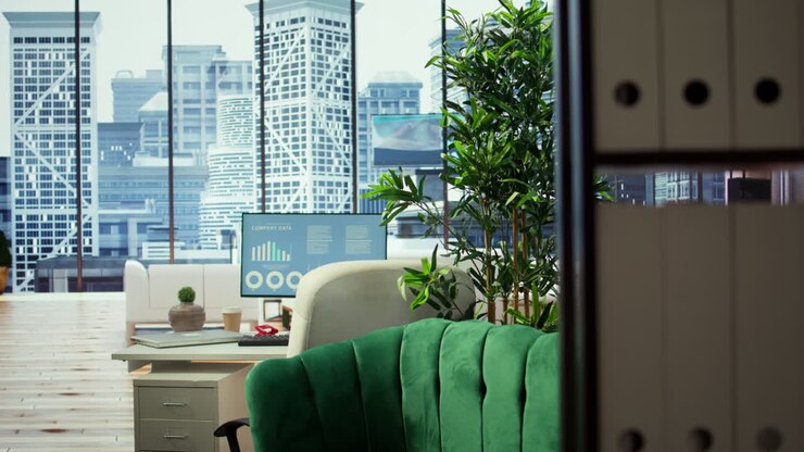 Empty modern office setup with advanced technology enhances productivity