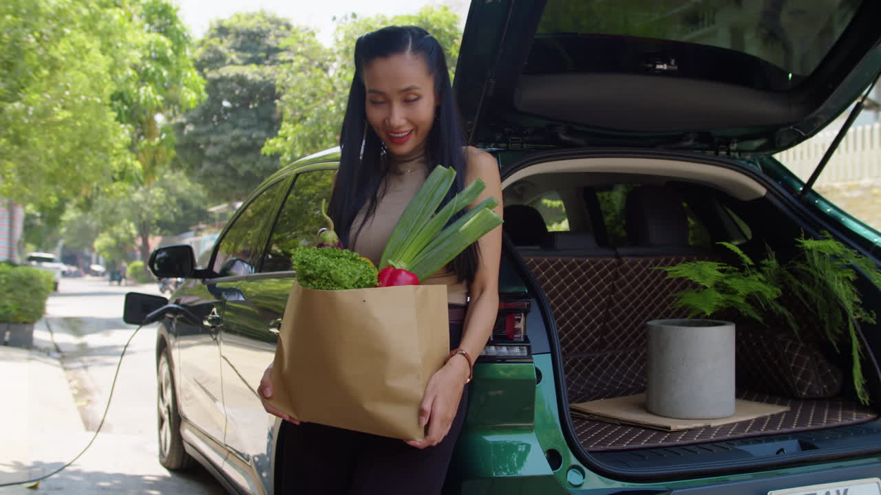 Woman with Groceries by Electric Car