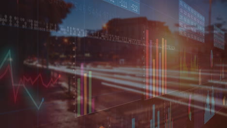 overlaying cityscape at dusk, colorful bar and line graphs showing data animation