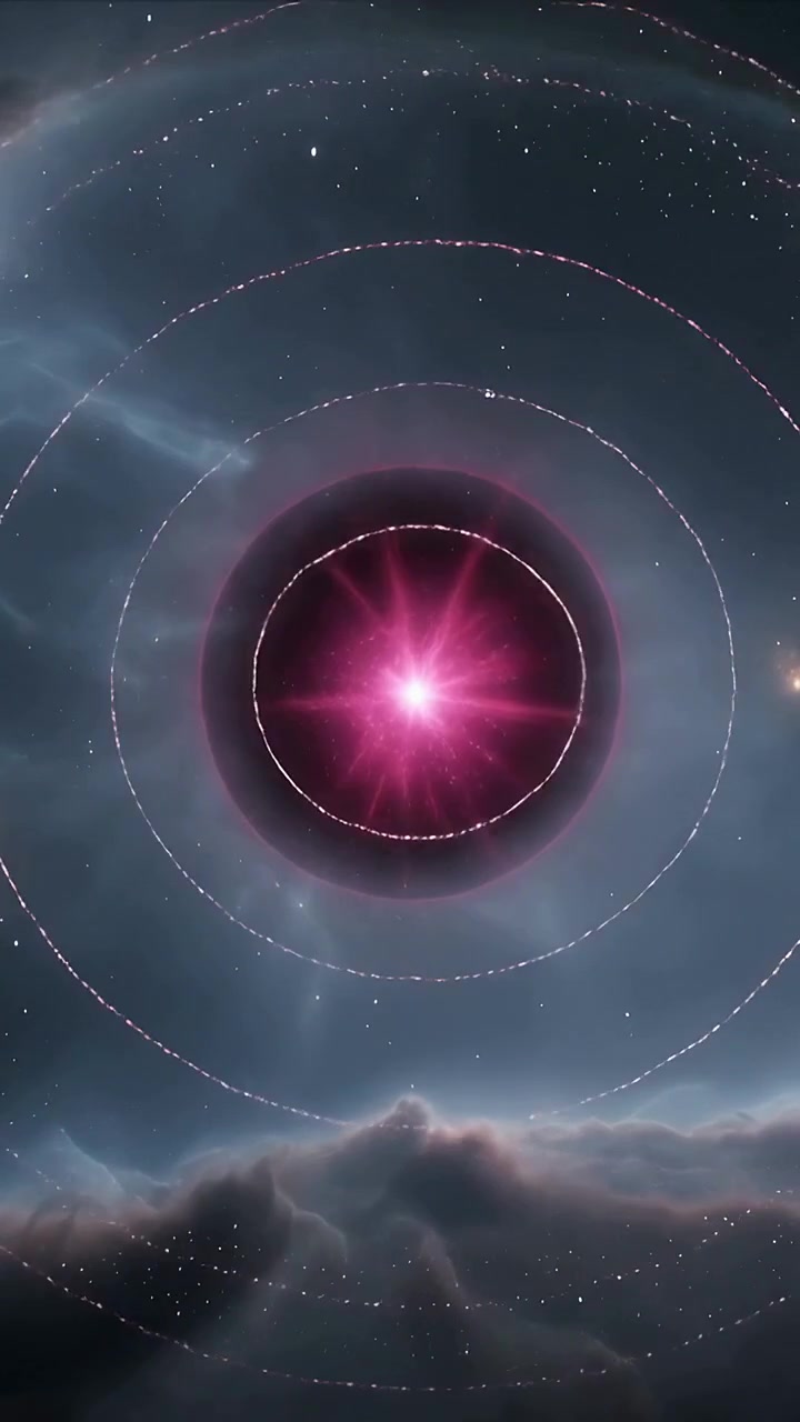 Vertical video: Intensifying faint pink core sending radial beams in nebula, dotted rings appearing