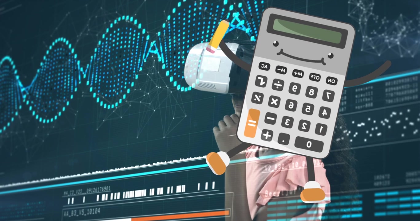 Animación de datos científicos y calculadora sobre una chica con auriculares de realidad virtual.