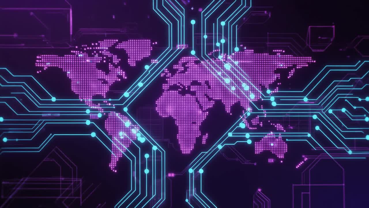 Animated Digital World Map with Global Network Connections