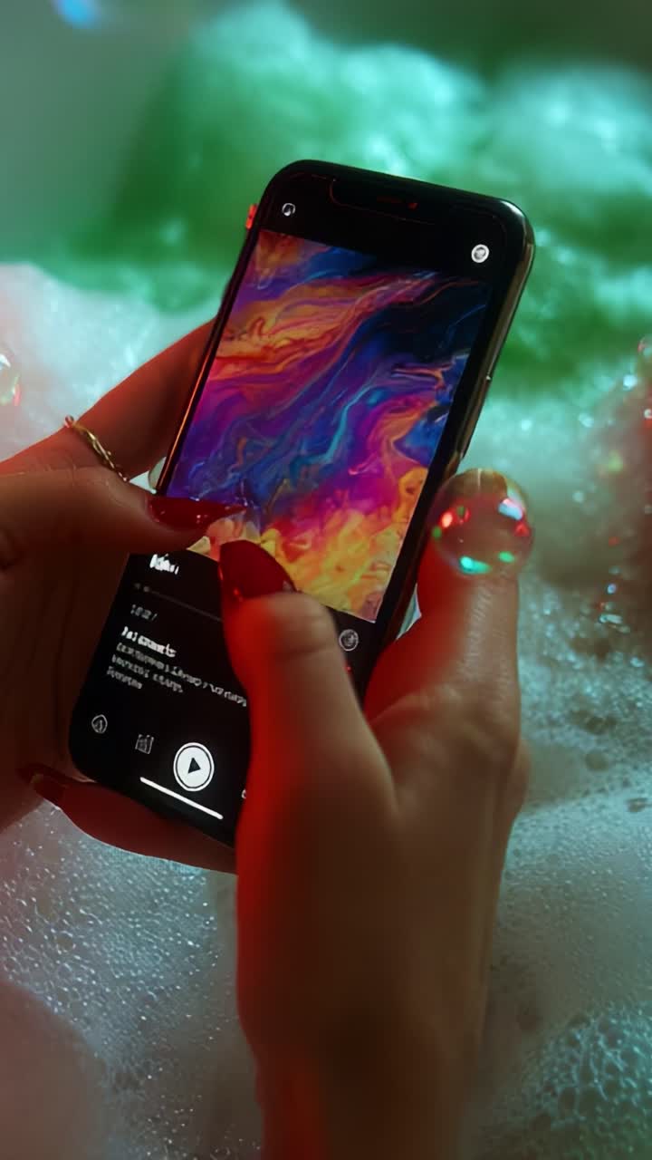 A close-up view of stylish hands holding a smartphone displaying vibrant abstract artwork, surrounded by bubbles and soft lighting, capturing a relaxing moment infused with color and comfort
