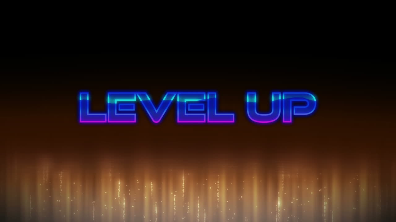 검은 바탕에 조명 조명으로 디지털 레벨 업 텍스트의 애니메이션