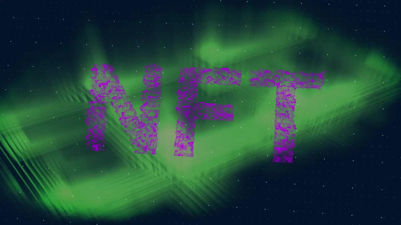 Animazione digitale di un banner di testo NFT viola su scie luminose verdi, su sfondo blu.