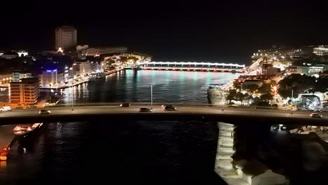 Panorámica-Aérea-Establece-Handelskade-Willemstad-Curacao-En-La-Noche