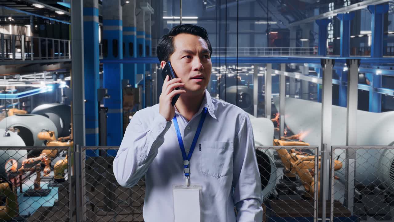 풍력 터빈 공장 앞에서 중앙에 서있는 아시아 남성 전문 노동자는 전화를 들고 그것으로 이야기하기 시작했습니다.