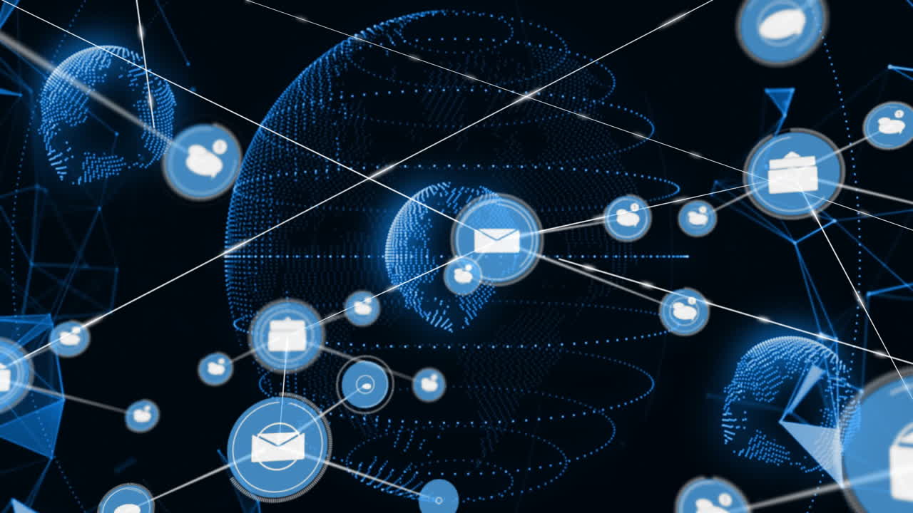 Animation of email icons connecting over glowing globe in digital network