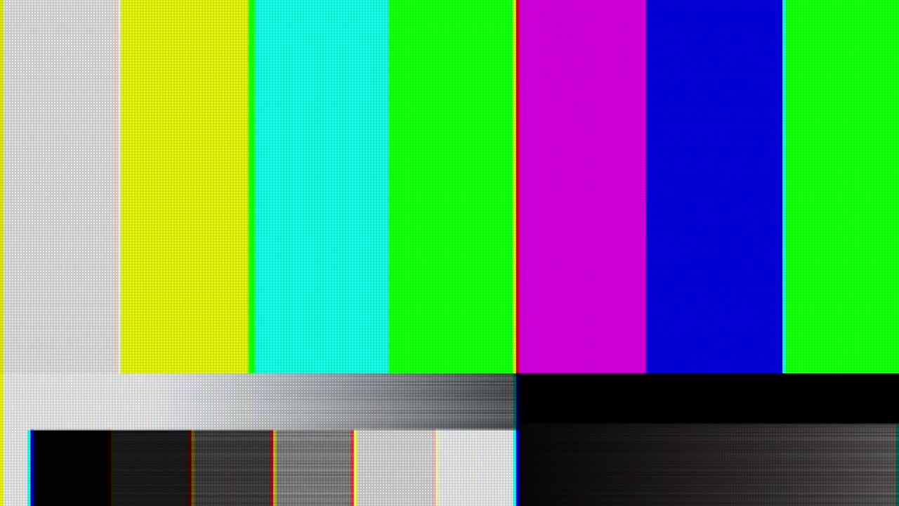 Broadcast test pattern static visual with vivid color blocks horizontal noise and old screen