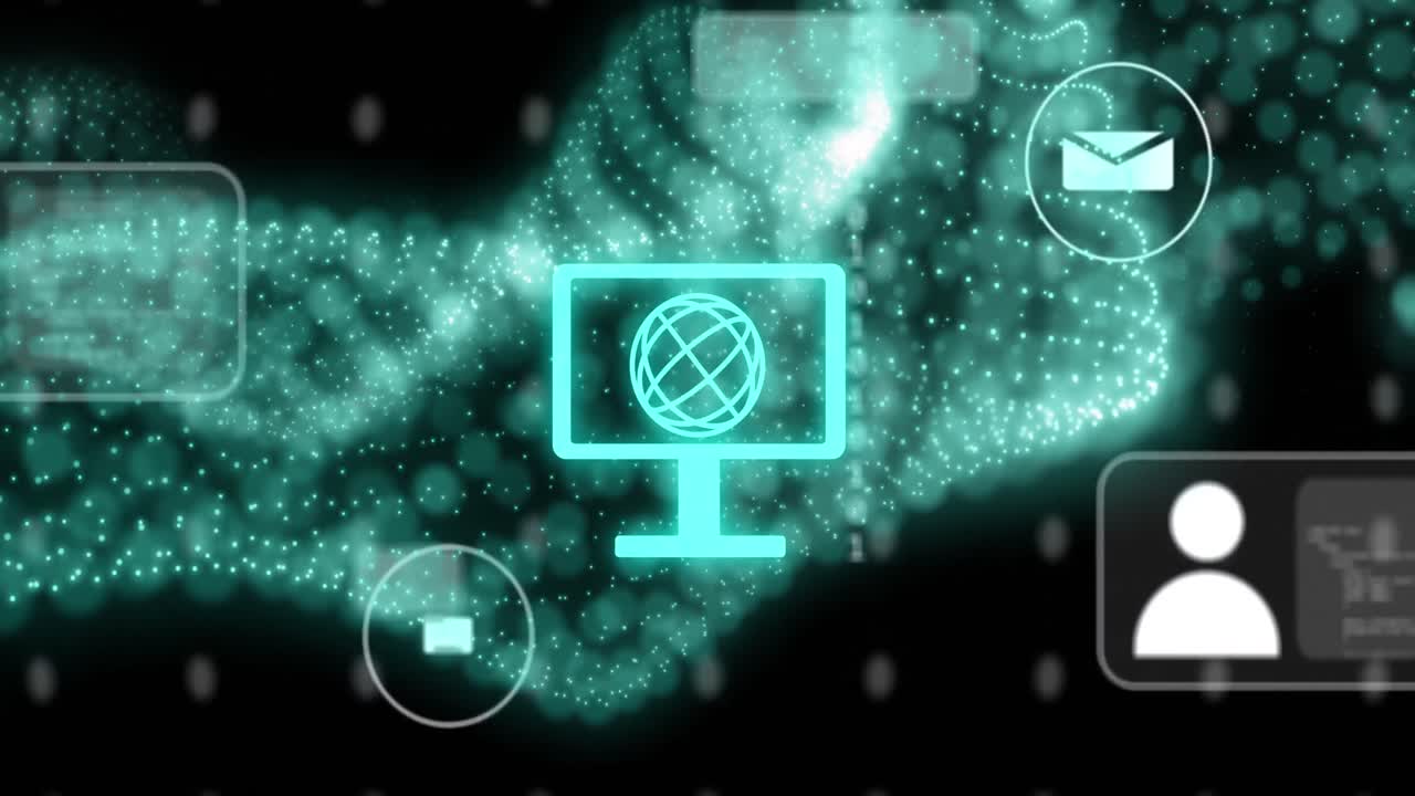 디지털 아이콘의 애니메이션과 검은색 배경에 녹색 mesh로 데이터 처리