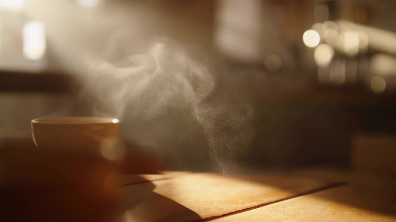 Close view of steaming ceramic cup resting on wooden tabletop inside softly lit interior, with vapor drifting upward in warm sunlight, gentle glow, and serene morning atmosphere, with steam, cup