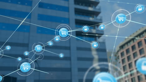 animación de una red de iconos digitales frente a la vista de edificios altos